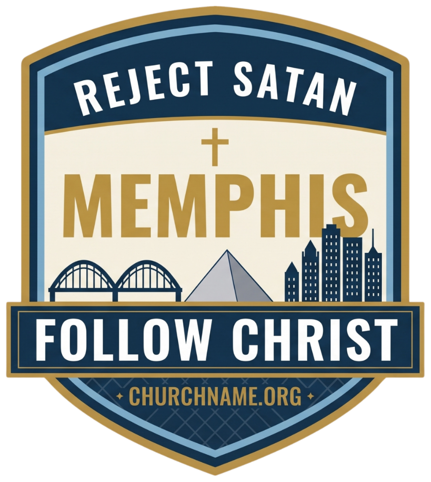 Reject Satan Memphis Follow Christ badge with your church name